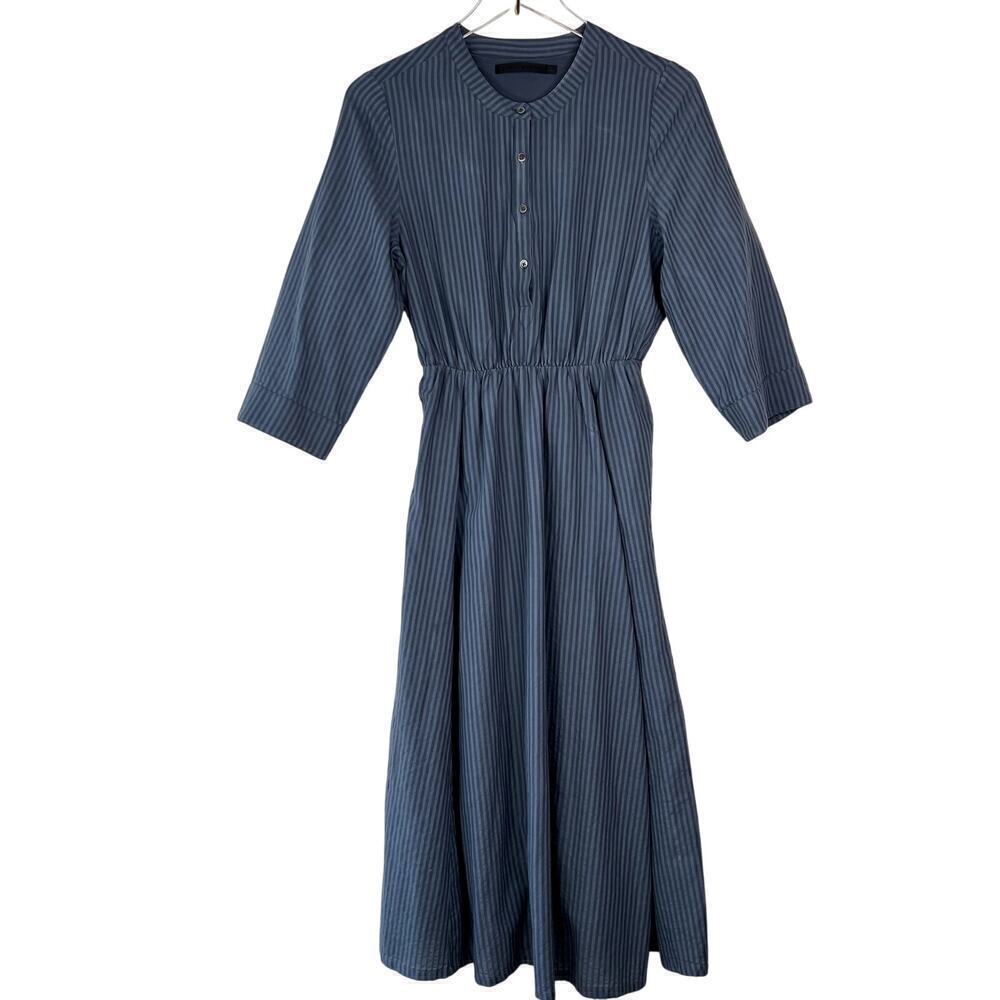 Jenni Kayne Seersucker Shirt Dress Ink Blue Striped Button 3/4 Sleeve SMALL - Picture 2 of 6
